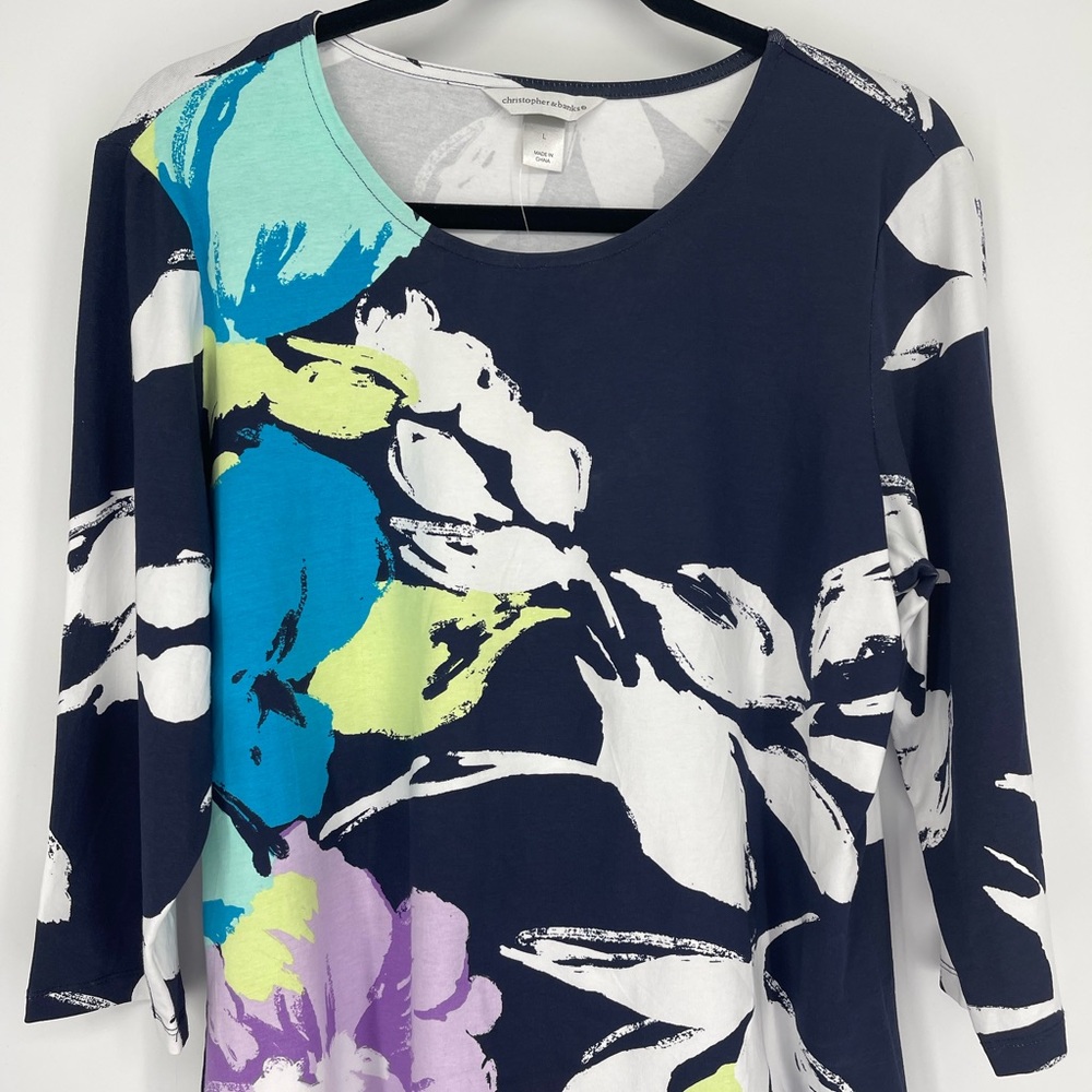 NWT Christopher & Banks L Navy Floral Print Cotton Blend 3/4 Sleeve Top Cottage
